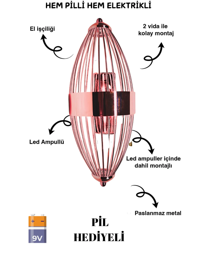 Beyzbol Rose , Pilli Aplik, Anahtarlı, Pilli Elektrikli 1 Adet Ledli Duvar Aplik