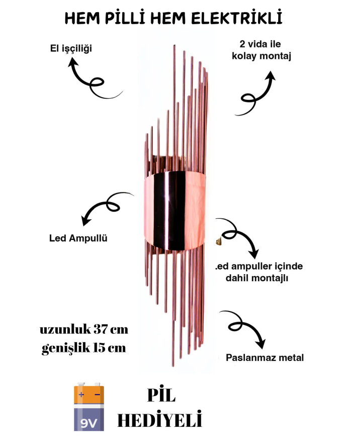 Sarkıt Rose, Pilli Aplik, Anahtarlı, Pilli Elektrikli , Ledli Duvar Aplik, - 1 Adet