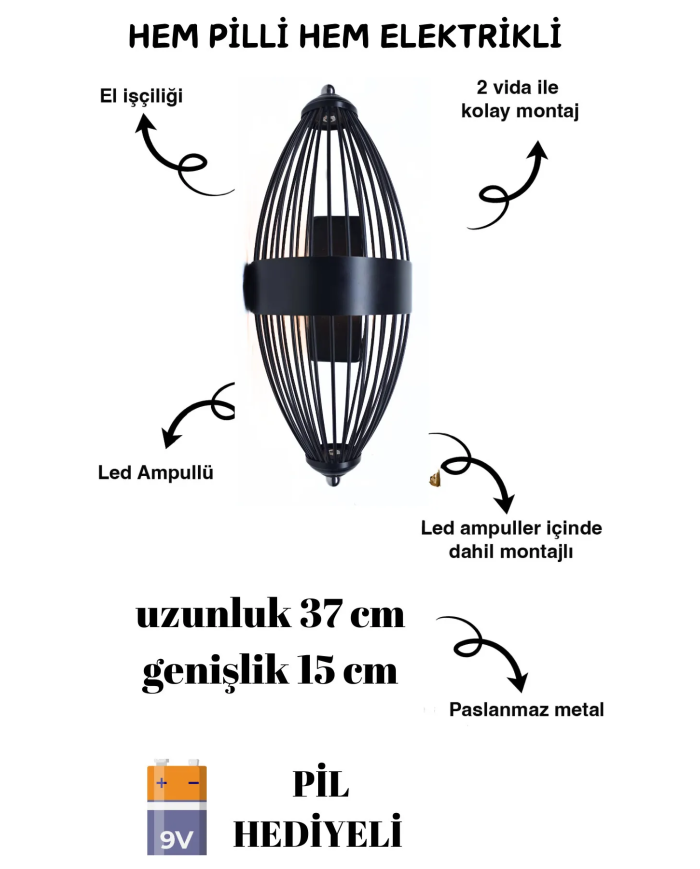 Beyzbol Siyah, Pilli Aplik, Anahtarlı, Pilli Elektrikli Ledli Duvar Aplik, Gece Lamba 1 Adet