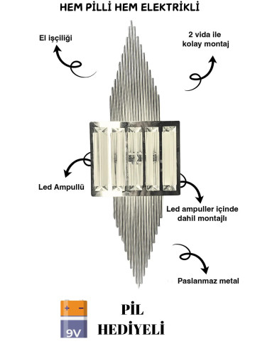 Pramit Krom Duvar Pilli Aplik, 2'si 1 Arada Ledli Duvar Aplik, Tak Çalıştır, Kablosuz