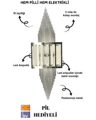 Pramit Krom Duvar Pilli Aplik, 2'si 1 Arada Ledli Duvar Aplik, Tak Çalıştır, Kablosuz