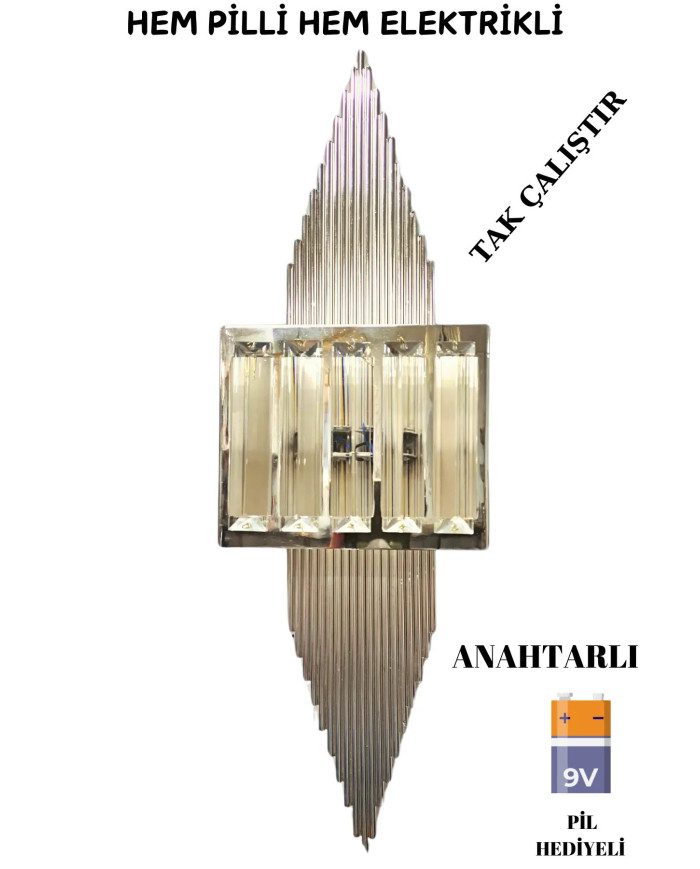 Pramit Krom Duvar Pilli Aplik, 2'si 1 Arada Ledli Duvar Aplik, Tak Çalıştır, Kablosuz