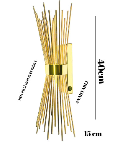 Kirpi Gold Duvar Aplik,pilli Aplik, Led Ampüllü Tekli Duvar Aplik Duvar Lambası