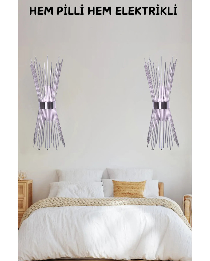 Kirpi Gümüş Duvar Aplik, Pilli Aplik Led Işıklı Krom Kaplamalı Tekli Duvar Lambası 1 Adet