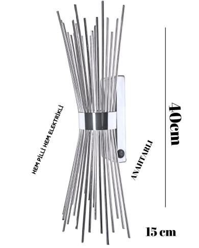 Kirpi Gümüş Duvar Aplik, Pilli Aplik Led Işıklı Krom Kaplamalı Tekli Duvar Lambası 1 Adet