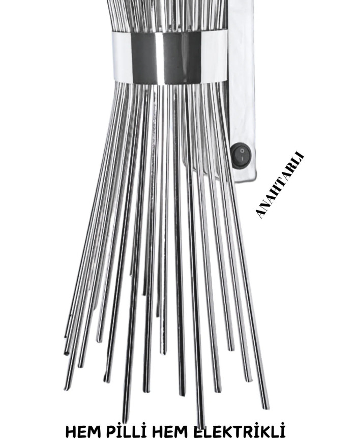 Kirpi Gümüş Duvar Aplik, Pilli Aplik Led Işıklı Krom Kaplamalı Tekli Duvar Lambası 1 Adet