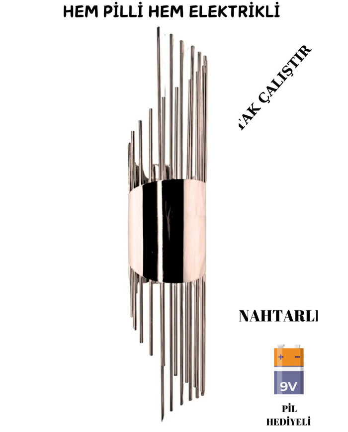 Sarkıt Gümüş Duvar Aplik, Pilli Aplik Led Ampüllü Tekli Duvar Lambası, Ev Otel Aplik 1 Adet