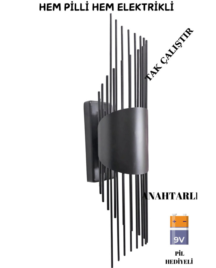 Sarkıt Siyah Duvar Aplik, Pilli Aplik, Led Ampüllü Tekli Duvar Aplik, Duvar Lambası