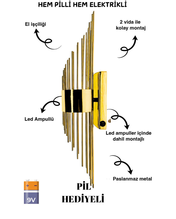 Merdiven Gold Duvar Aplik, Pilli Aplik, Led Ampüllü Duvar Aplik, Lamba, Otel ,ofis Aplik 1 Adet
