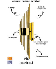 Merdiven Gold Duvar Aplik, Pilli Aplik, Led Ampüllü Duvar Aplik, Lamba, Otel ,ofis Aplik 1 Adet