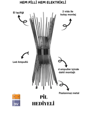 Kirpi Siyah Aplik, Pilli Aplik, ,led Ampüllü Tekli Duvar Apliği, Tekli Duvar Lambası