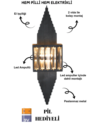 Pramit Siyah Duvar Aplik,pilli Aplik, Led Ampullü Tekli Duvar Apliği, Duvar Lambası 1 Adet