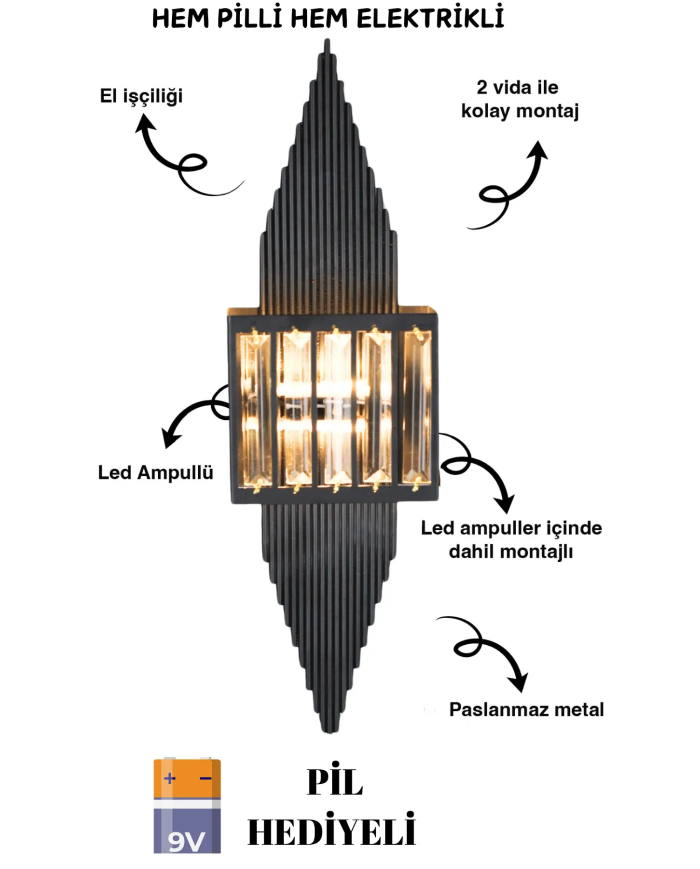 Pramit Siyah Duvar Aplik,pilli Aplik, Led Ampullü Tekli Duvar Apliği, Duvar Lambası 1 Adet