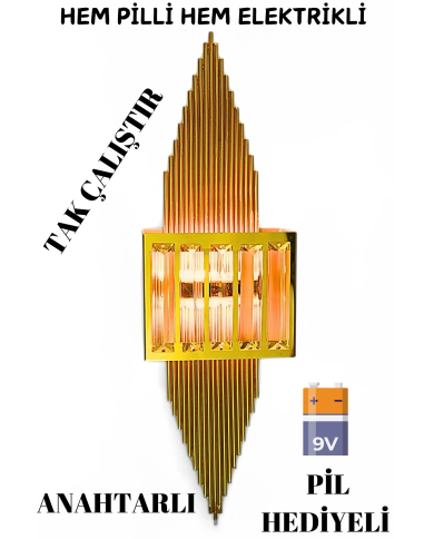 Pramit Gold Duvar Aplik Pilli Ve Elektrikli Ledli Duvar Aplik, Tak Çalıştır, 1 Adet