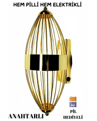 Beyzbol Gold, Pilli Aplik, Anahtarlı, Pilli Elektrikli 2'si 1 Arada, Ledli Duvar Aplik, Gece lamba