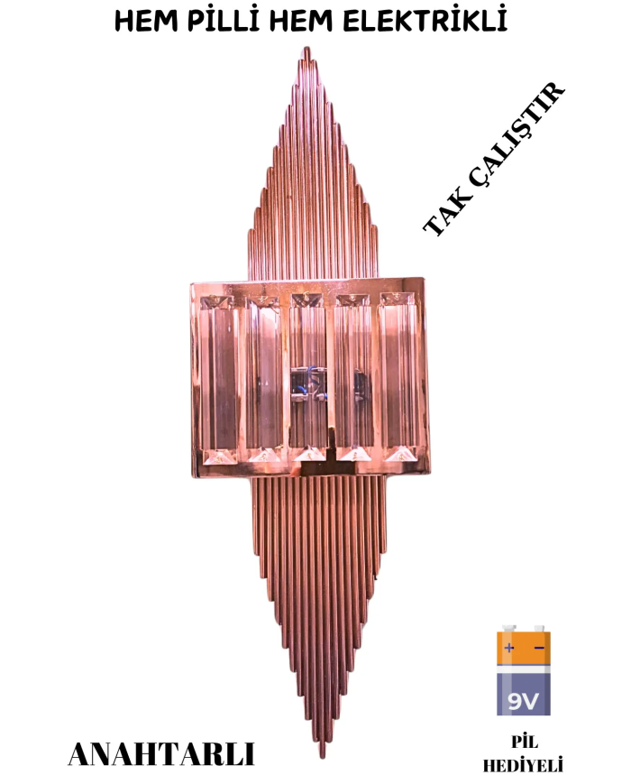 Pramit Rose Pilli Aplik, Anahtarlı, Pilli Elektrikli 1 Adet Ledli Duvar Aplik, Gece Lambası