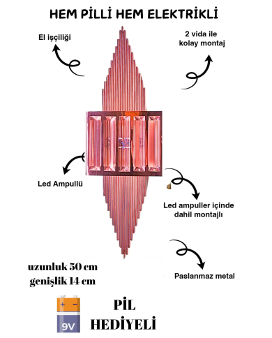 Pramit Rose Pilli Aplik, Anahtarlı, Pilli Elektrikli 1 Adet Ledli Duvar Aplik, Gece Lambası