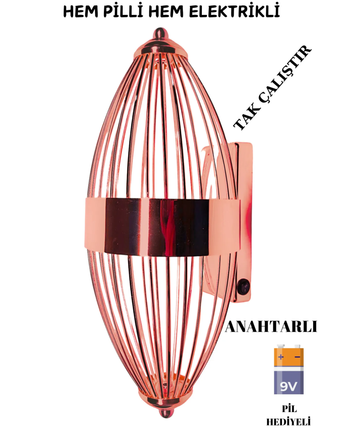 Beyzbol Rose , Pilli Aplik, Anahtarlı, Pilli Elektrikli 1 Adet Ledli Duvar Aplik